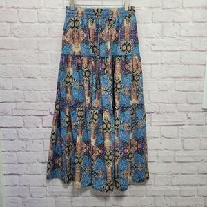Lepunuo Boho Tiered Maxi Skirt M Elastic Waist Blue Paisley Floral Gypsy Hippie